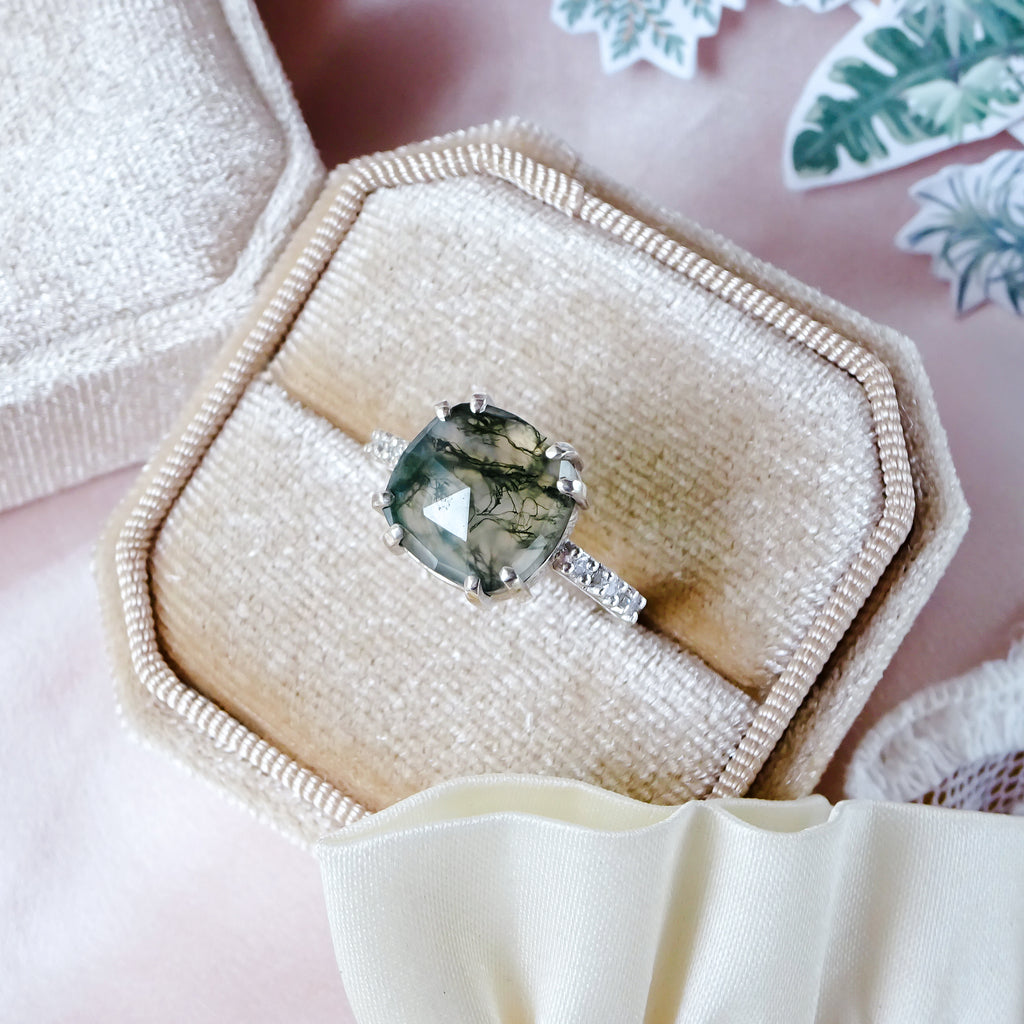 Ethereal Moss Agate & Pave Diamonds Unique Engagement ring in solid 9ct White Gold - Bijoux de Chagall