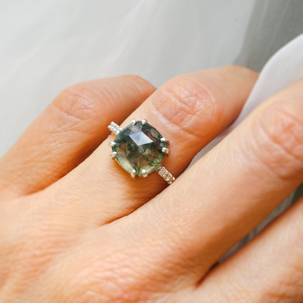 Ethereal Moss Agate & Pave Diamonds Unique Engagement ring in solid 9ct White Gold - Bijoux de Chagall
