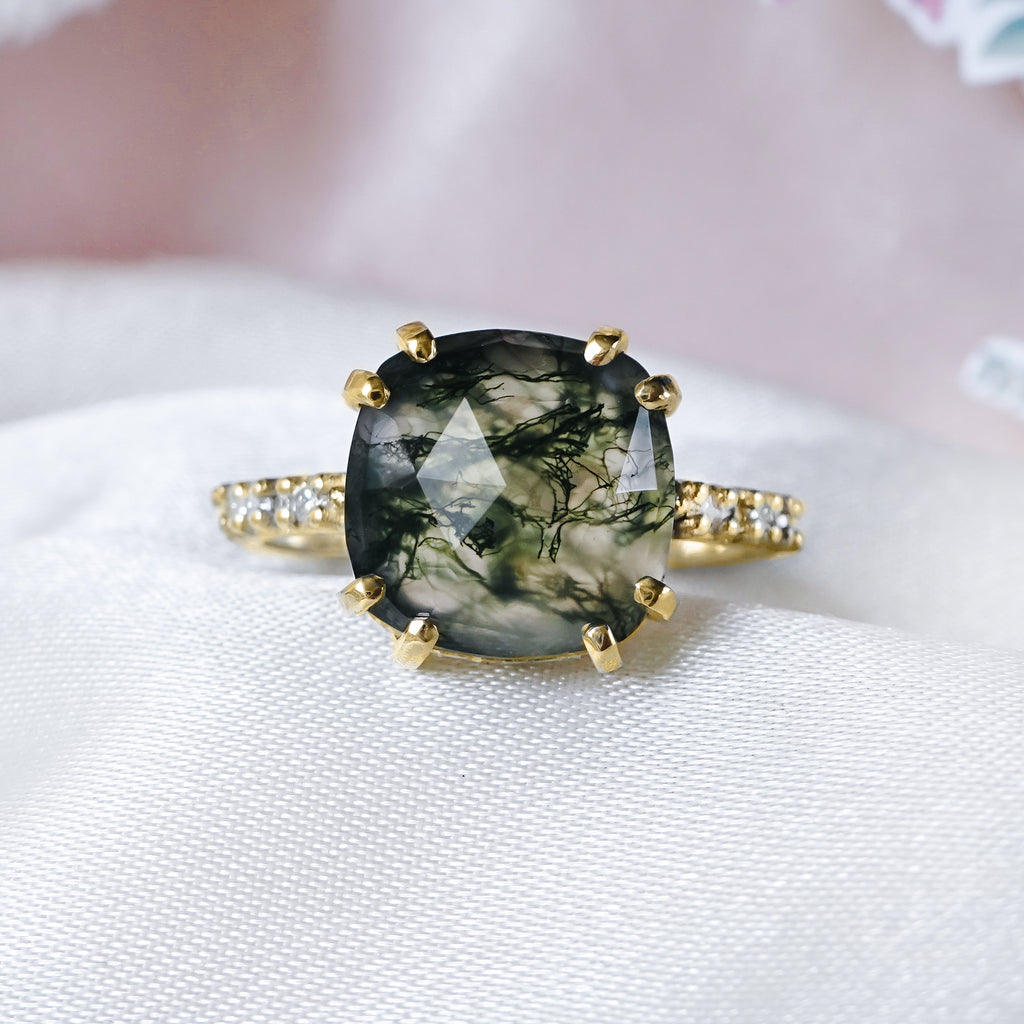 Ethereal Moss Agate & Pave Diamonds Unique Engagement ring in solid 9ct / 18ct Gold - Bijoux de Chagall