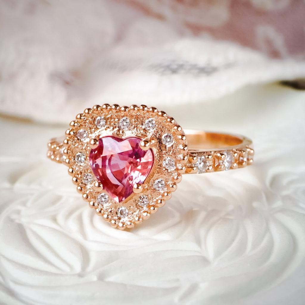 Sweet Heart Diamond Halo Unique Engagement ring in 9ct / 14ct/ 18ct Gold - Bijoux de Chagall