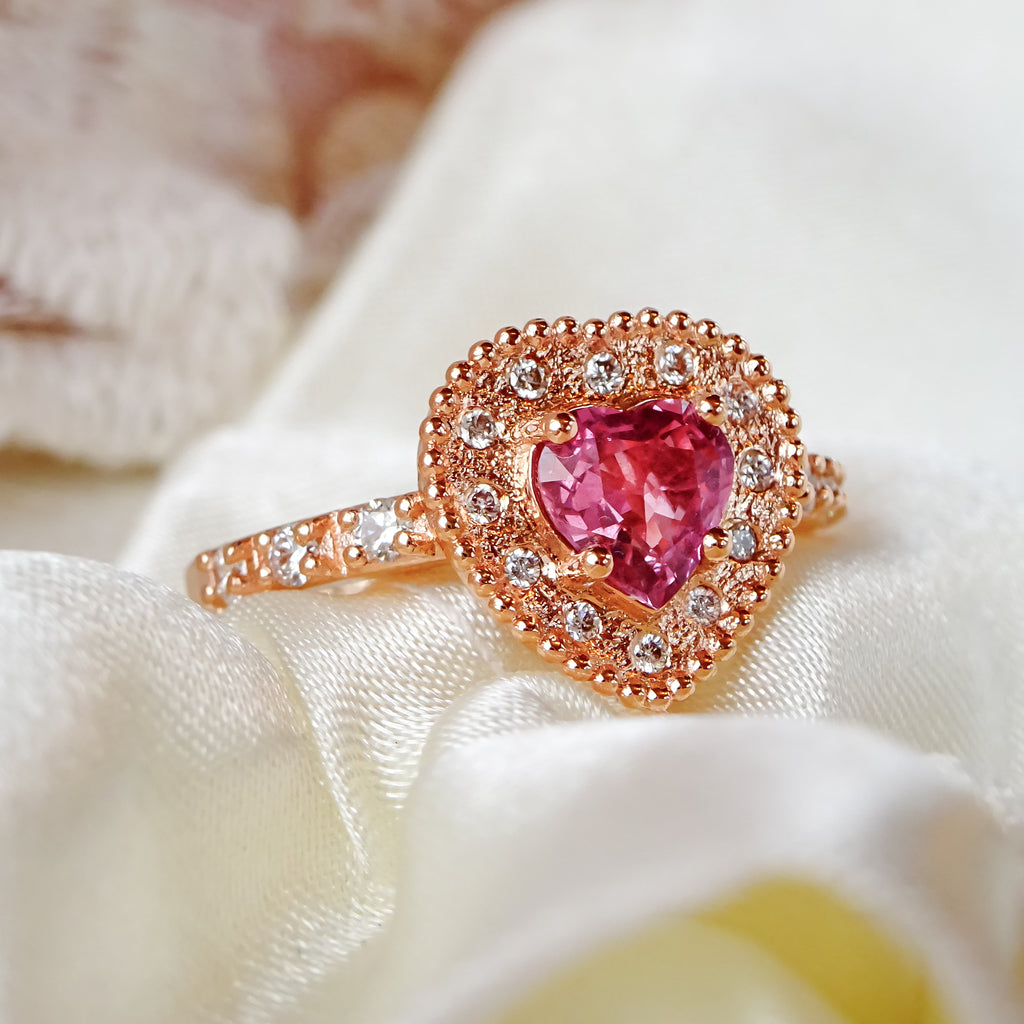 Sweet Heart Diamond Halo Unique Engagement ring in 9ct / 14ct/ 18ct Gold - Bijoux de Chagall