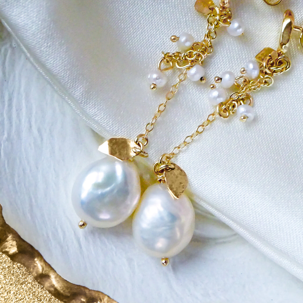 Stunning White Keshi Pearl Dangle Earrings in solid 9ct / 18ct Yellow Gold - Bijoux de Chagall