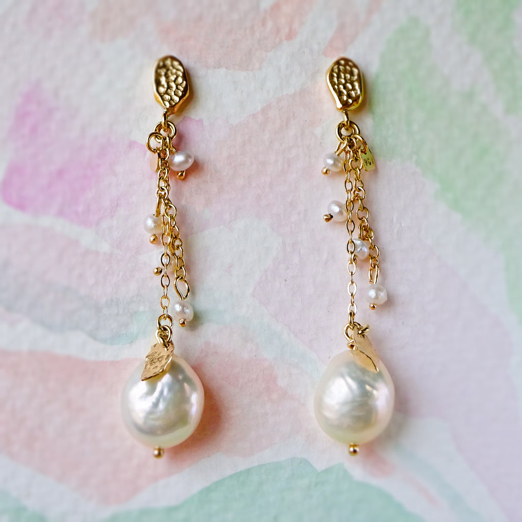 Stunning White Keshi Pearl Dangle Earrings in solid 9ct / 18ct Yellow Gold - Bijoux de Chagall