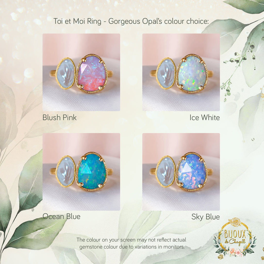 Toi et Moi - Gorgeous Opal and Keshi Pearl Engagement Ring in 9ct / 18ct Gold - Bijoux de Chagall