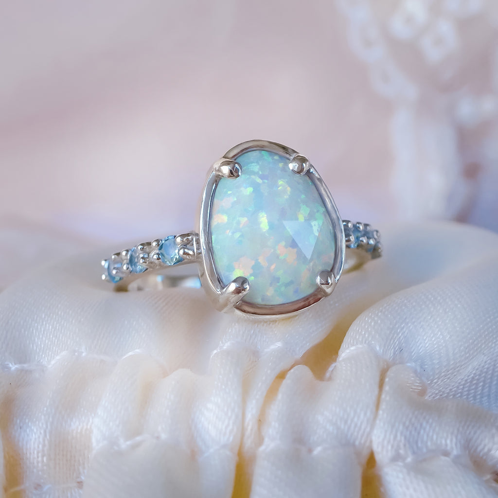 Art Deco White Opal Diamond Engagement Bridal ring set in 9ct / 18ct Gold - Bijoux de Chagall