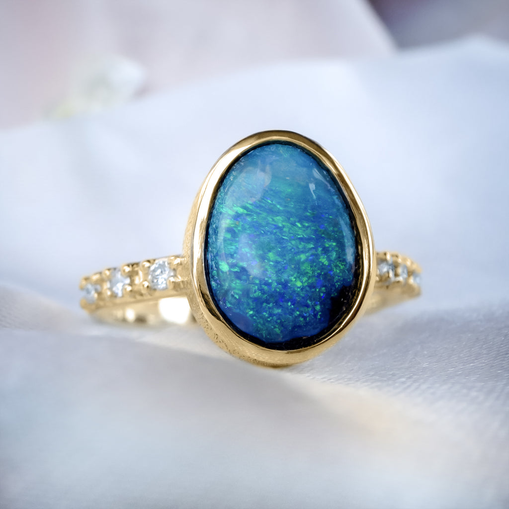 Natural Australian Boulder Opal Diamond Engagement ring in 9ct / 18ct Gold. - Bijoux de Chagall