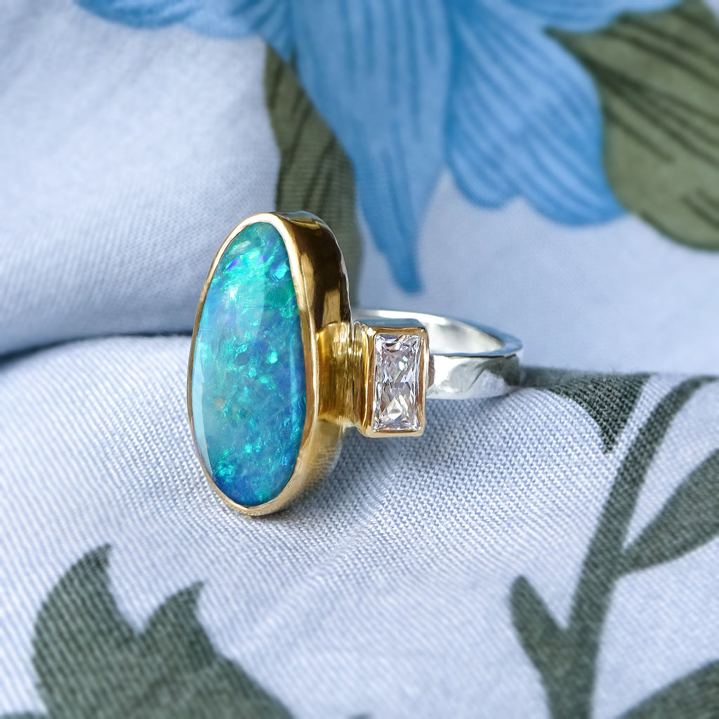 Natural Australian Opal & Baguette Diamond Engagement ring in 22ct / 18ct Gold - Bijoux de Chagall