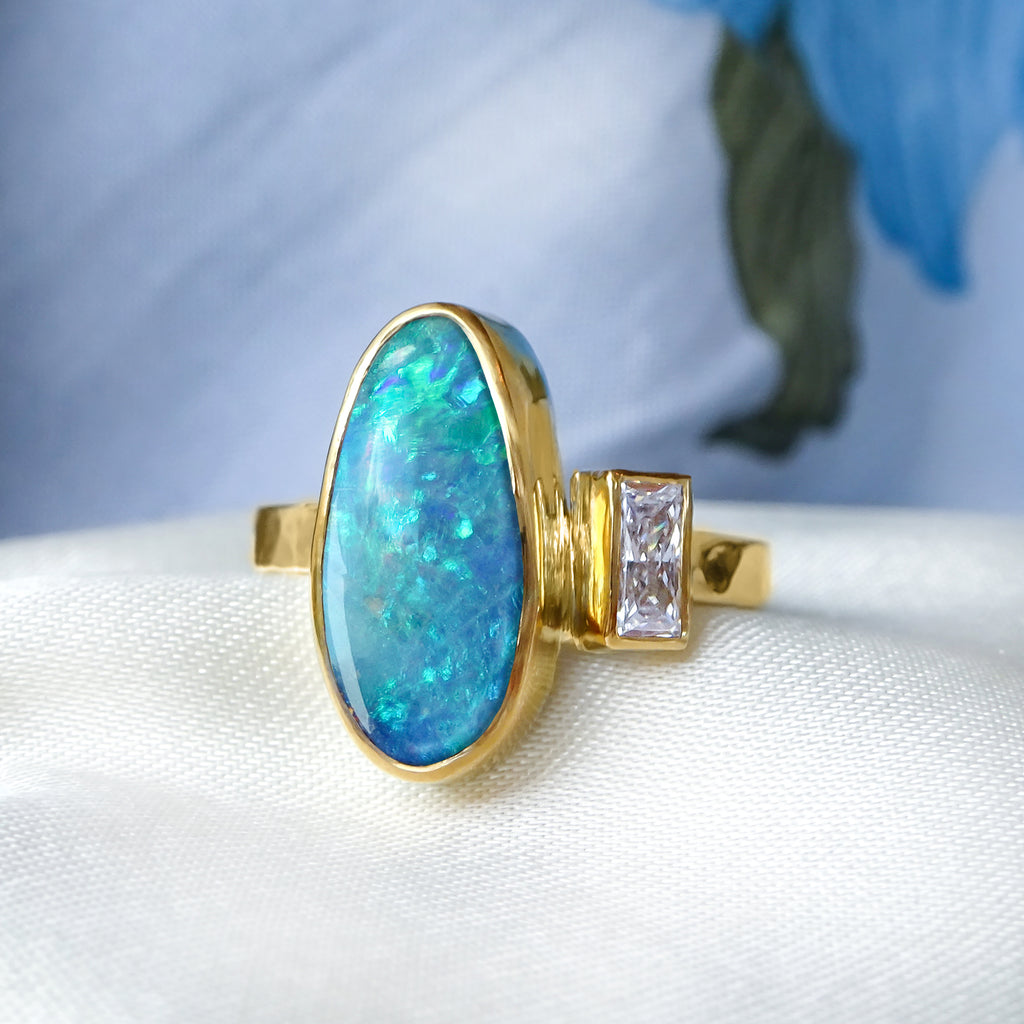 Natural Australian Opal & Baguette Diamond Engagement ring in 22ct and 18ct Gold - Bijoux de Chagall