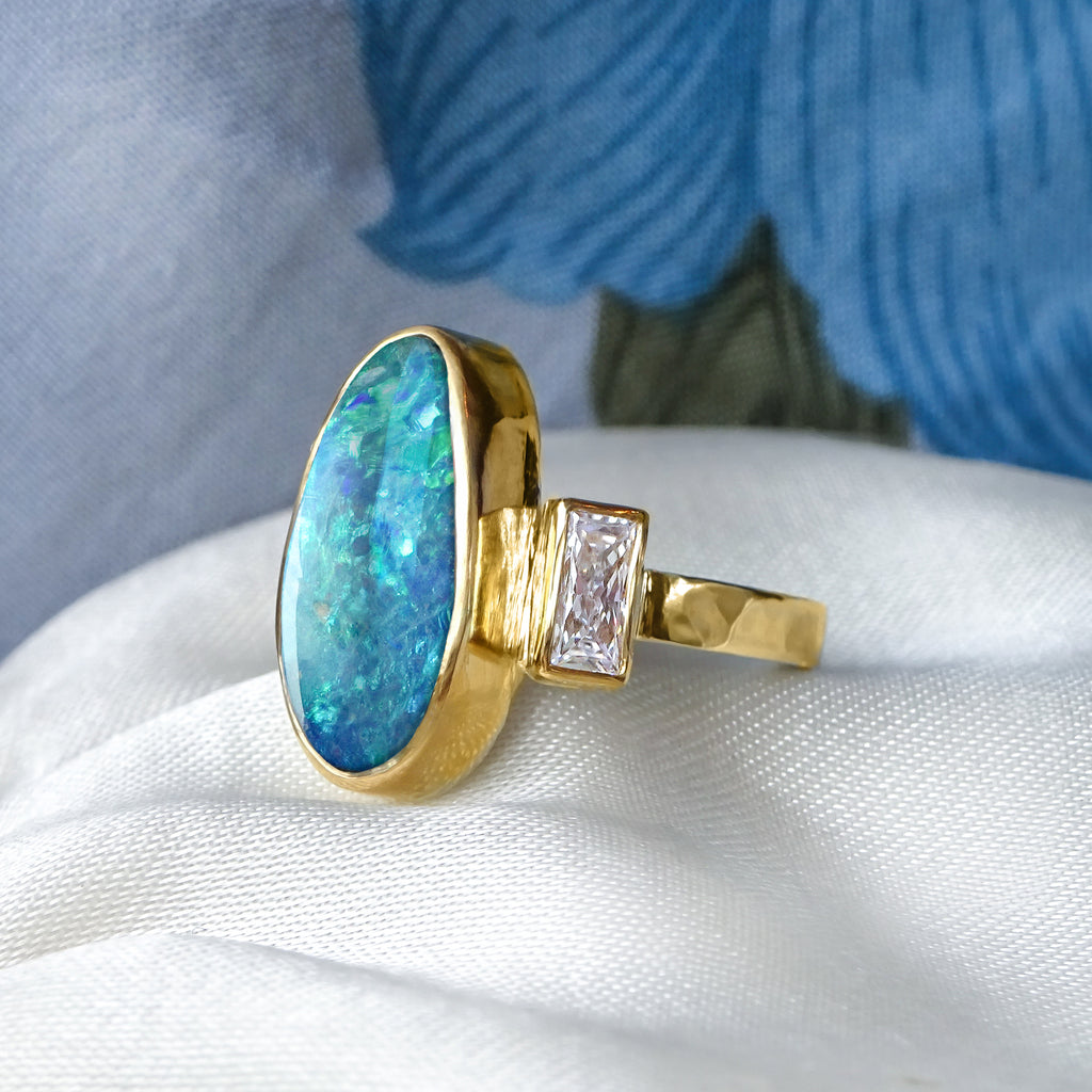 Natural Australian Opal & Baguette Diamond Engagement ring in 22ct and 18ct Gold - Bijoux de Chagall