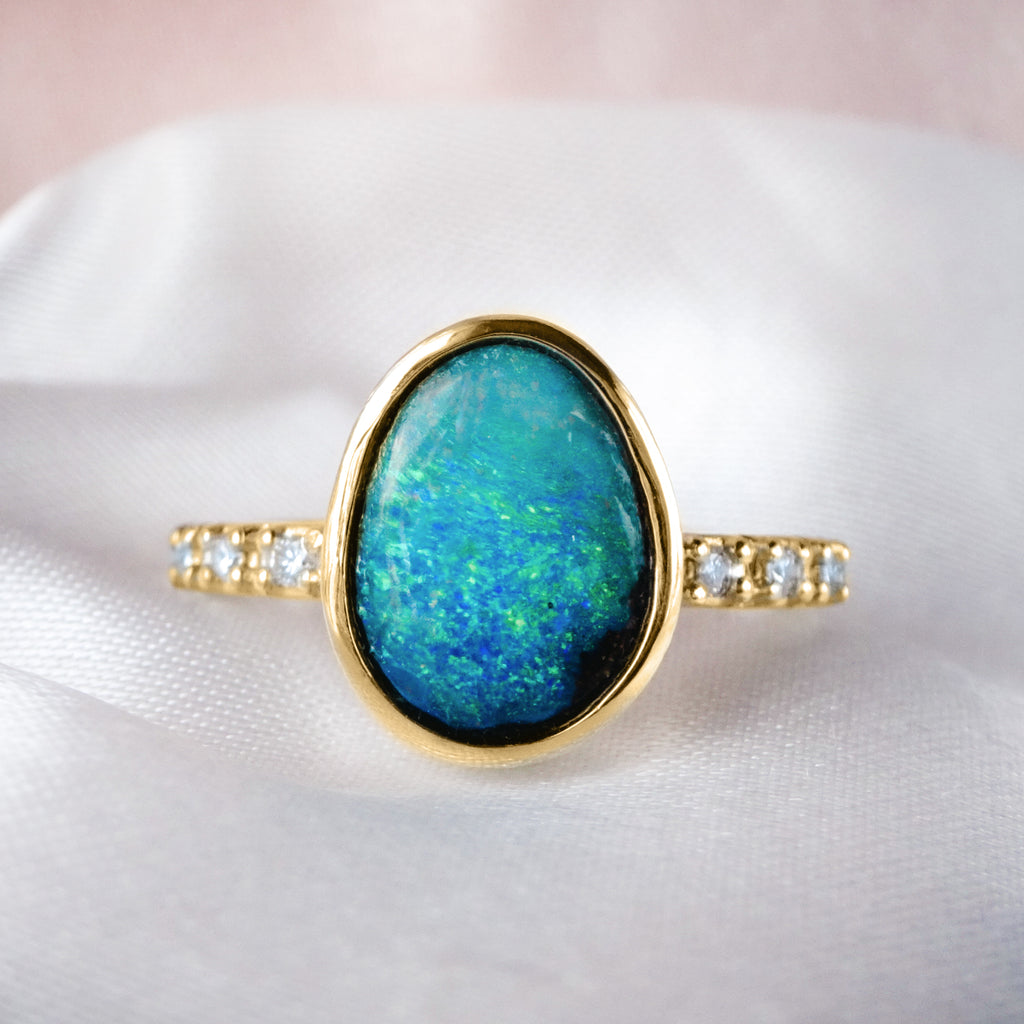 Natural Australian Boulder Opal Diamond Engagement ring in 9ct / 18ct Gold. - Bijoux de Chagall