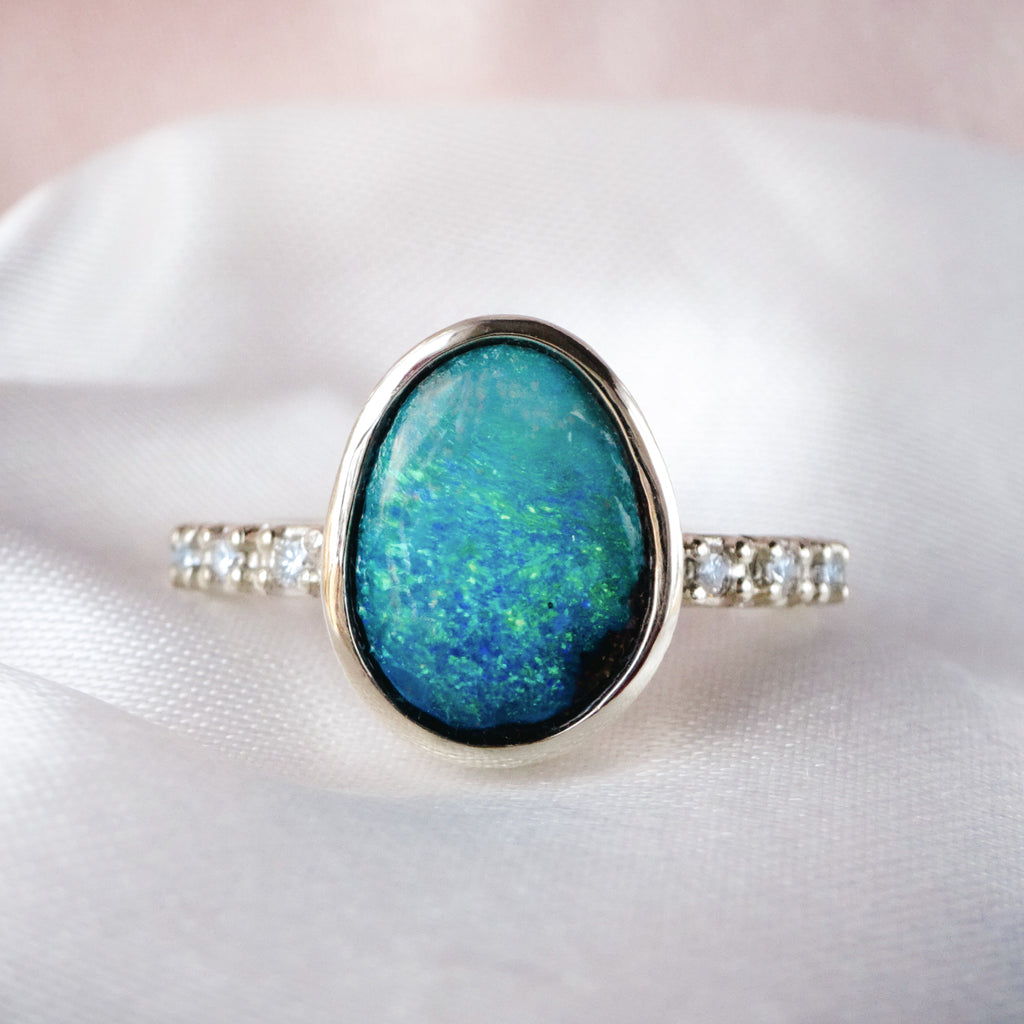 Natural Australian Boulder Opal Diamond Engagement ring in 9ct White Gold. - Bijoux de Chagall