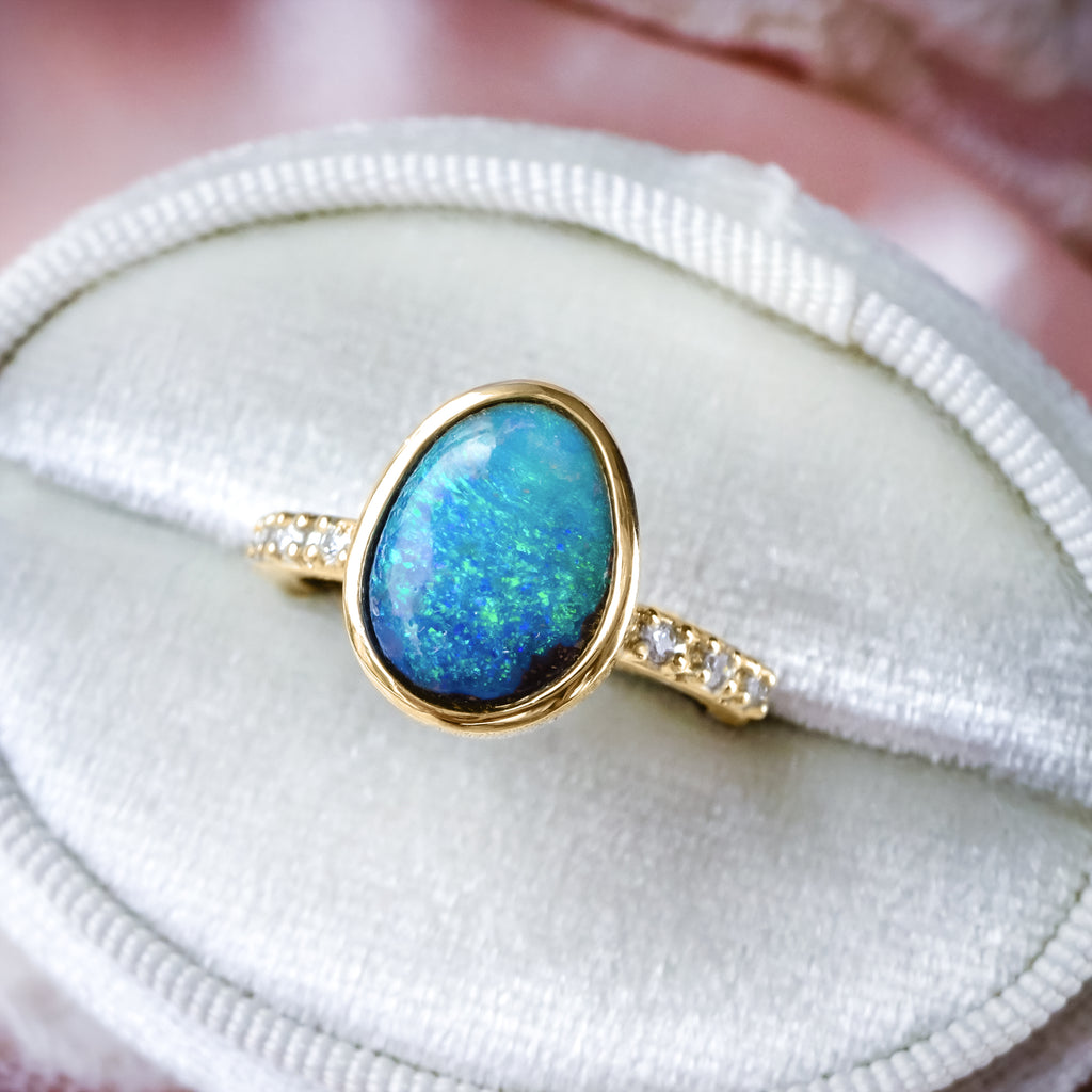 Natural Australian Boulder Opal Diamond Engagement ring in 9ct / 18ct Gold. - Bijoux de Chagall