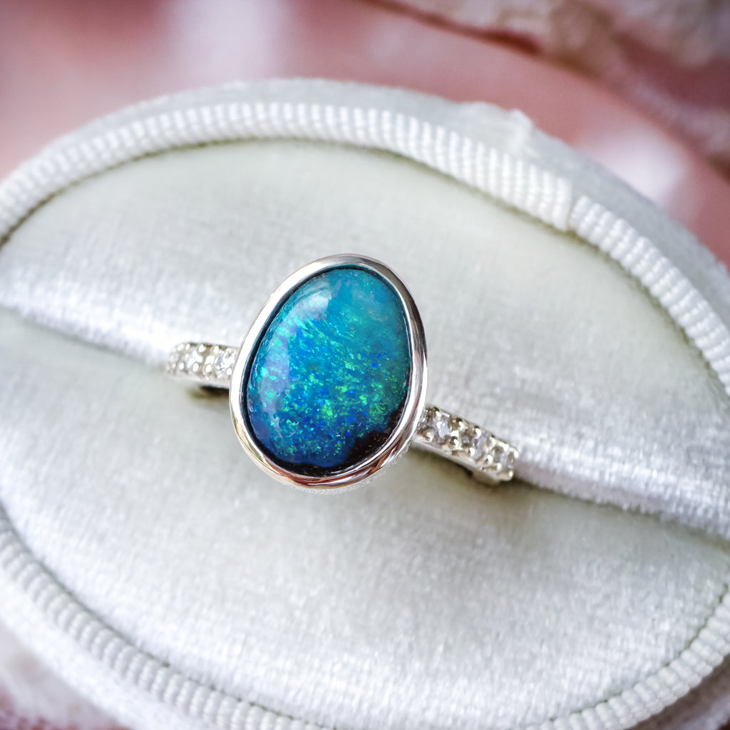 Natural Australian Boulder Opal Diamond Engagement ring in 9ct White Gold. - Bijoux de Chagall