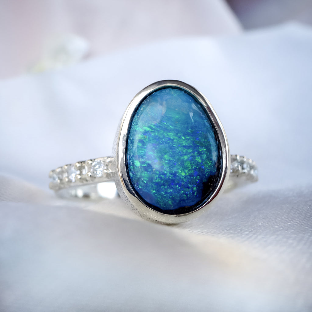 Natural Australian Boulder Opal Diamond Engagement ring in 9ct White Gold. - Bijoux de Chagall