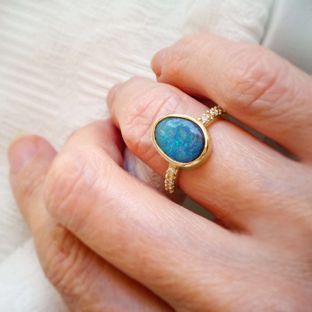 Natural Australian Boulder Opal Diamond Engagement ring in 9ct / 18ct Gold. - Bijoux de Chagall