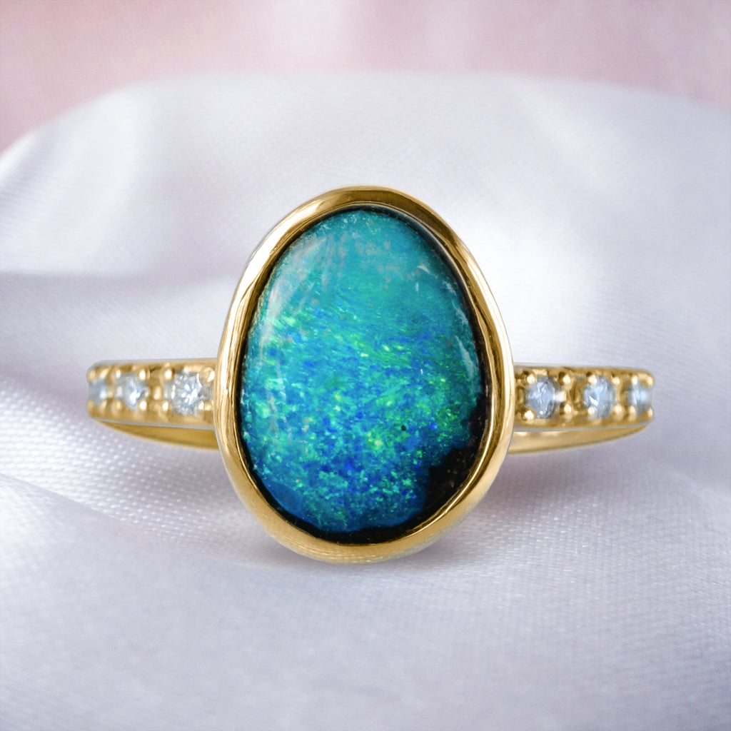 Natural Australian Boulder Opal Diamond Engagement ring in 9ct / 18ct Gold. Rings Mystic Ocean