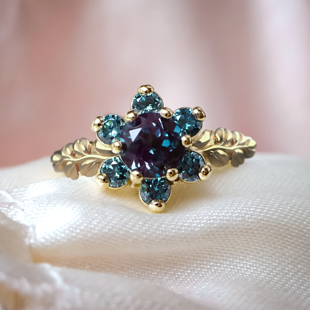 Rare Alexandrite Teal Diamond Flower Cluster Engagement ring in 9ct / 18ct Gold - Bijoux de Chagall