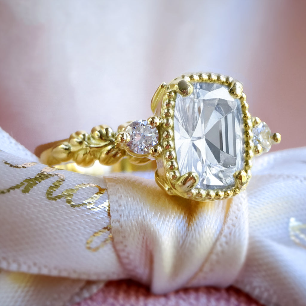Antique Cushion Diamond Floral Engagement ring in 9ct / 14ct/ 18ct solid Gold Rings Bijoux de Chagall