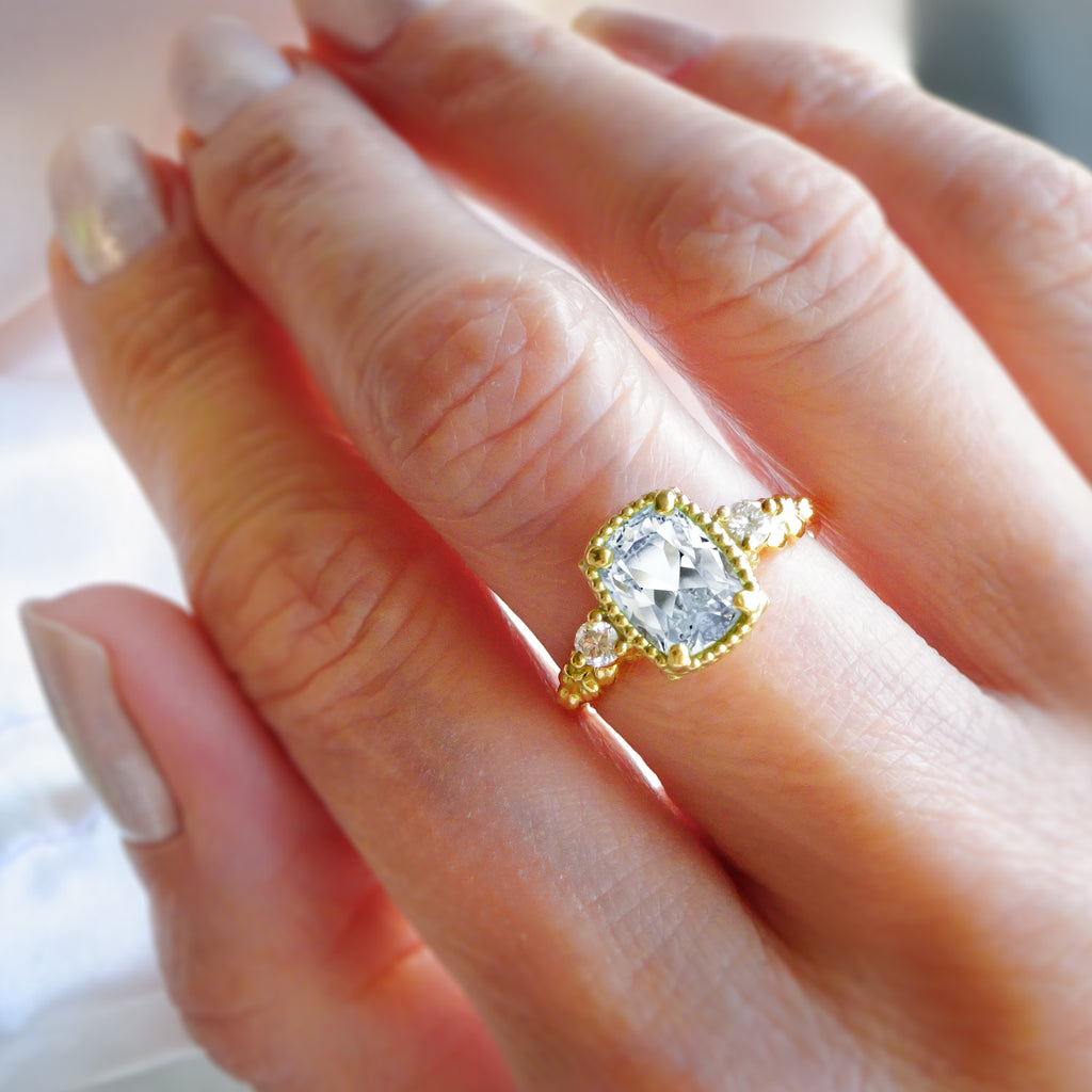 Antique Cushion Diamond Floral Engagement ring in 9ct / 14ct/ 18ct solid Gold Rings Bijoux de Chagall