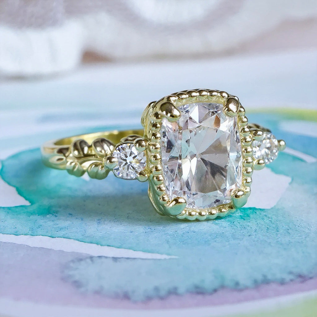 Antique Cushion Diamond Floral Engagement ring in 9ct / 14ct/ 18ct solid Gold Rings Bijoux de Chagall
