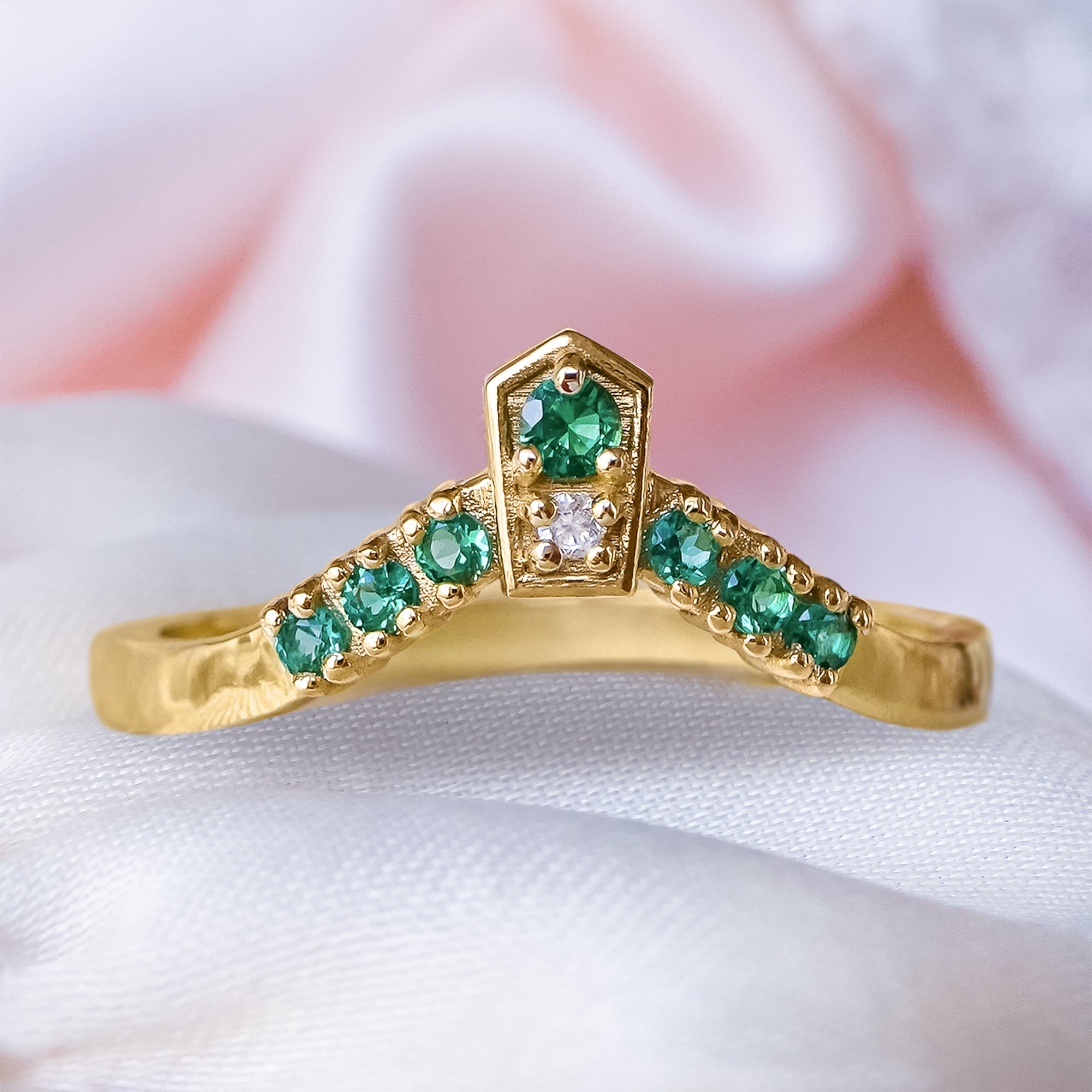 Art Deco Wishbone Contour Curved Emerald ring in 9ct / 14ct / 18ct Gold