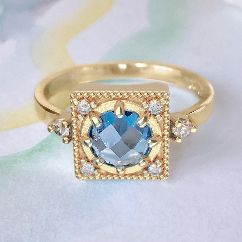Art Deco Exquisite Aquamarine Teal Diamond ring in 9ct / 18ct Gold Rings Bijoux de Chagall