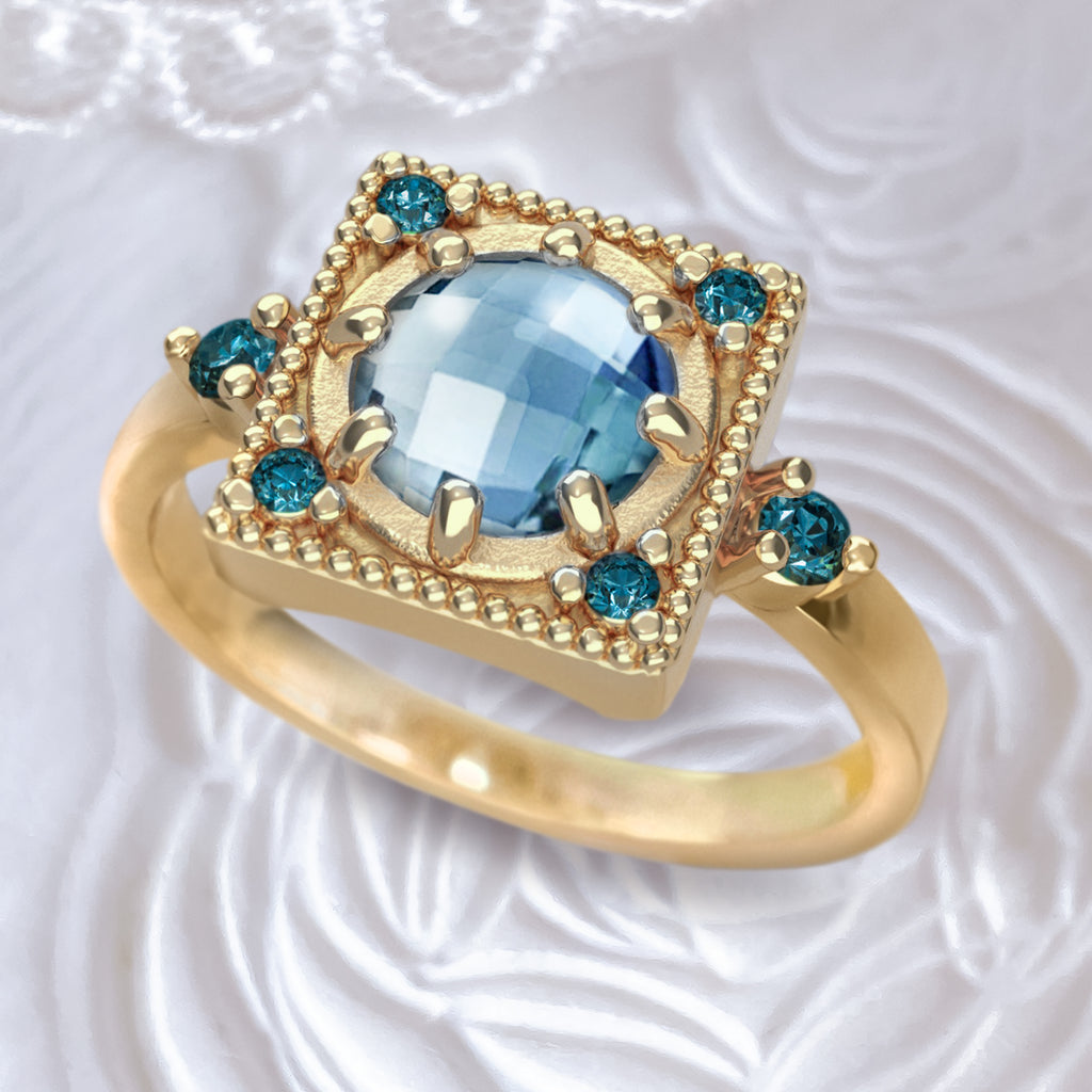 Art Deco Exquisite Aquamarine Teal Diamond ring in 9ct / 18ct Gold Rings Bijoux de Chagall