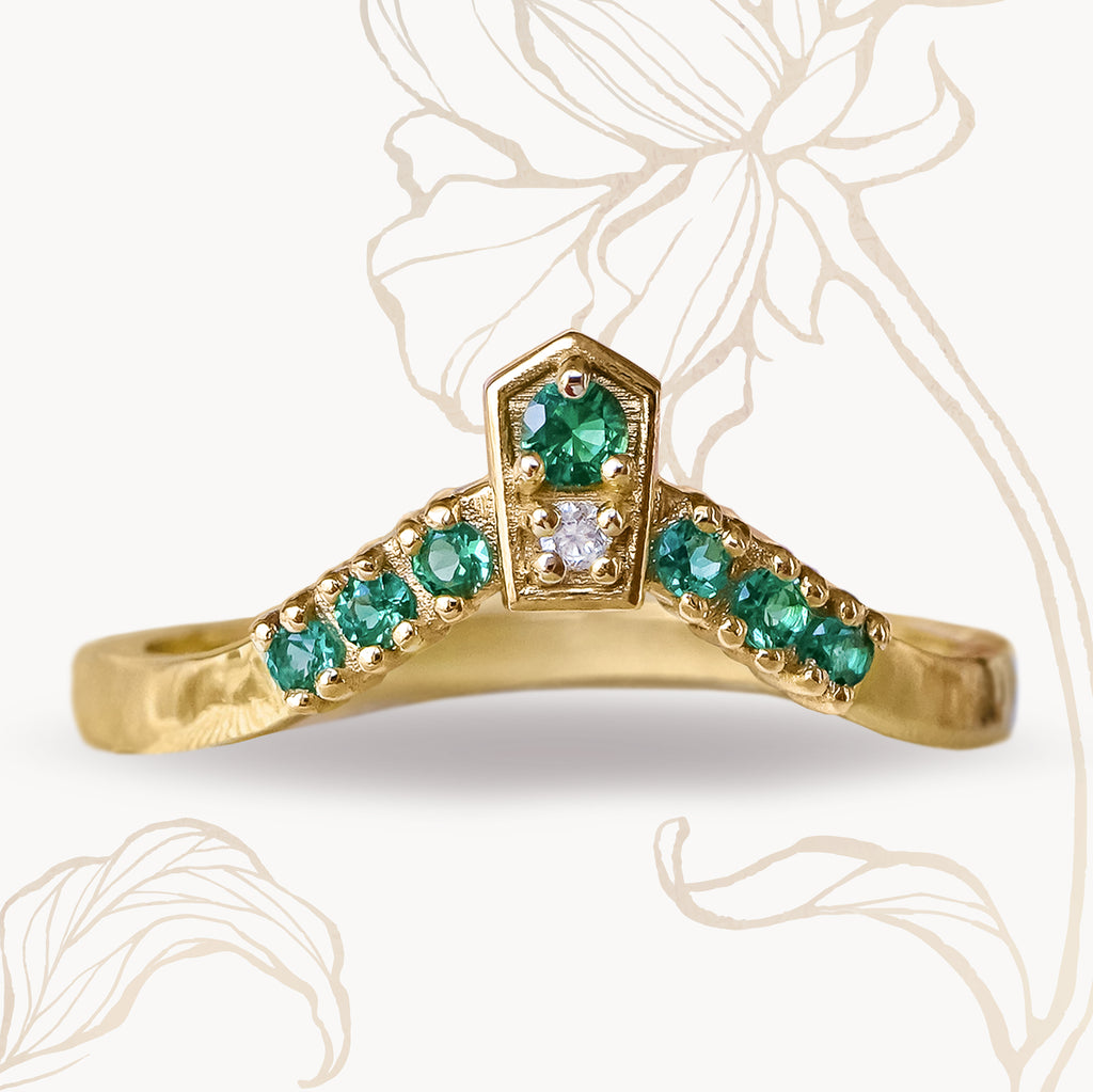 Art Deco Wishbone Contour Curved Emerald ring in 9ct / 18ct Gold - Bijoux de Chagall