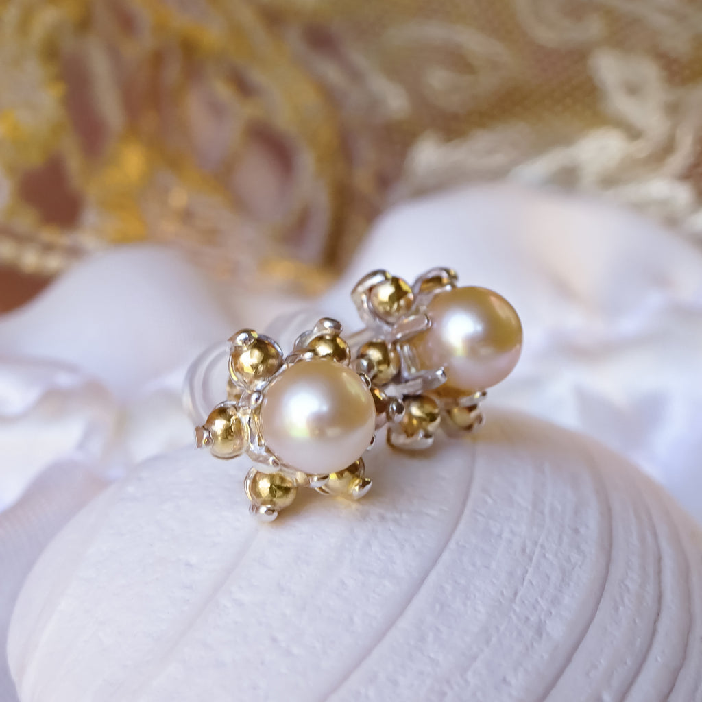 Lustrous Champagne Pearl & Gold Flower Cluster Earrings in 9ct Gold & 925 Sterling Silver - Bijoux de Chagall