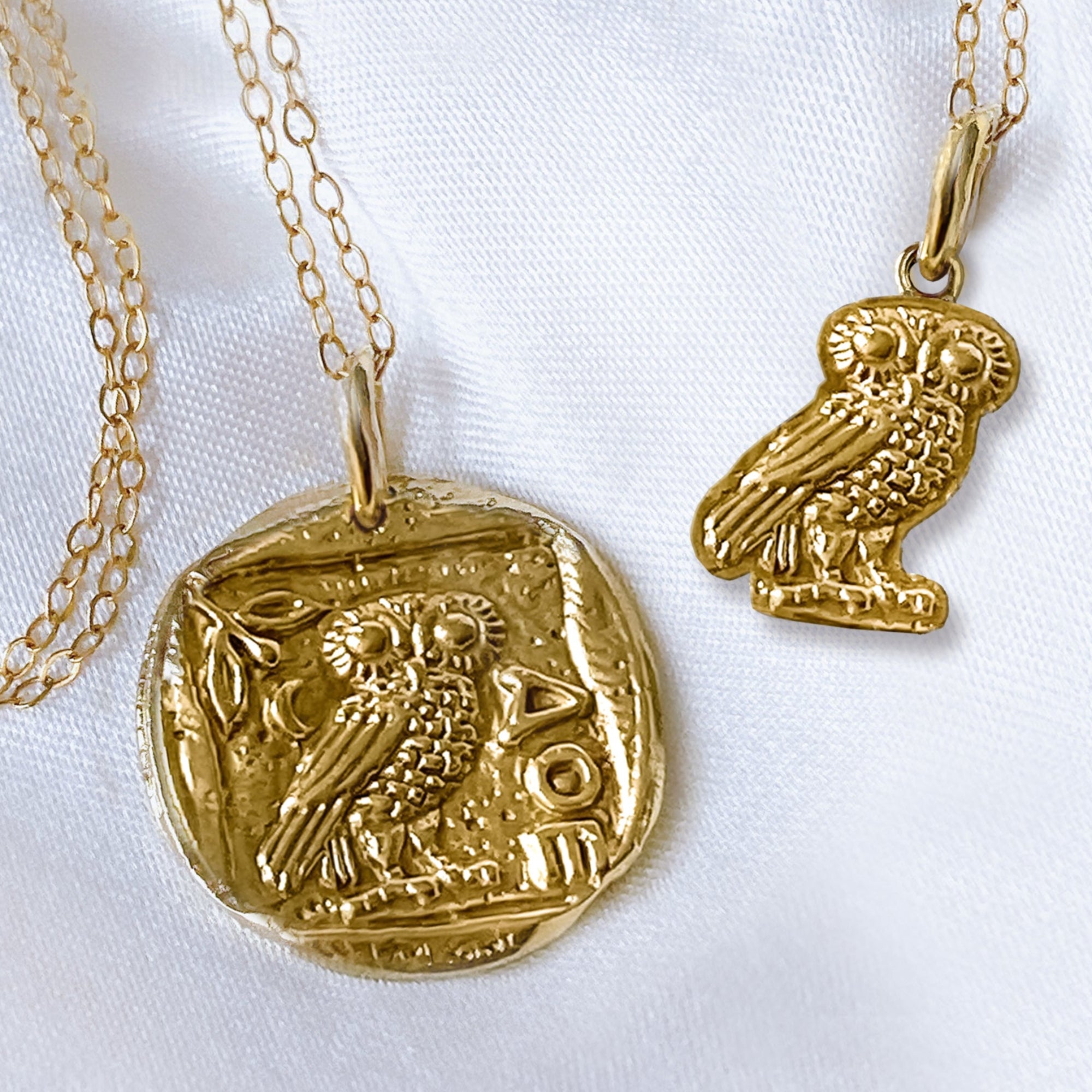 Gorgeous Athena Owl Ancient Greek Coin pendant necklace solid 9ct 14ct/ 18ct Gold