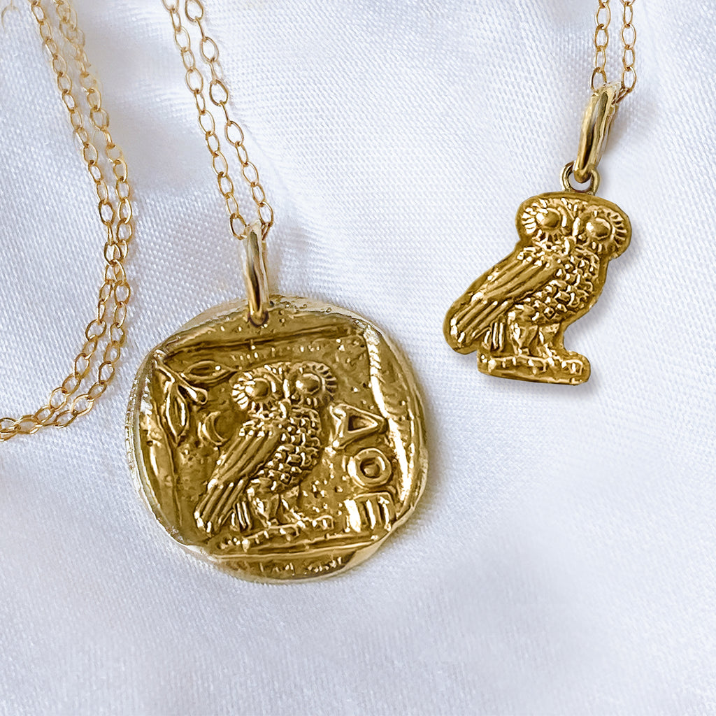 Gorgeous Athena Owl Ancient Greek solid 9ct / 18ct Gold Coin pendant necklace - Bijoux de Chagall