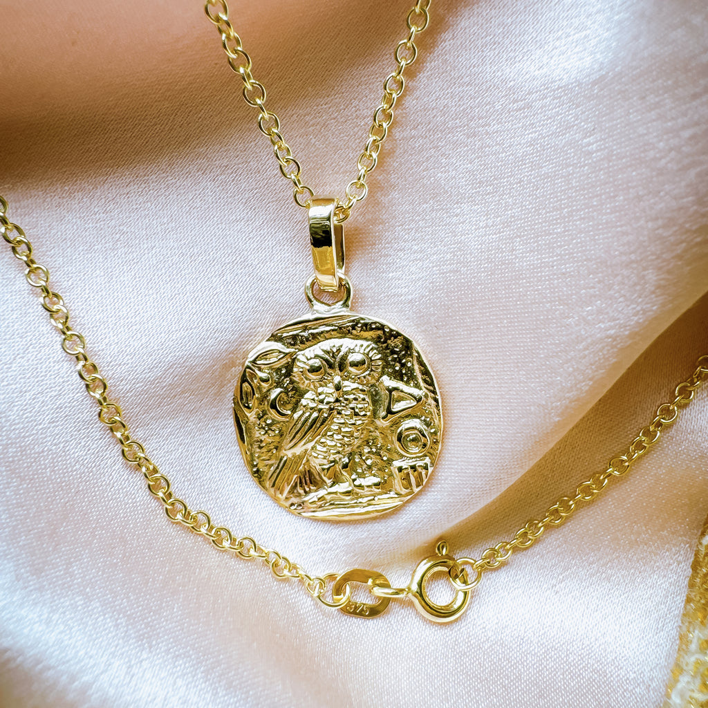 Gorgeous Athena Owl Ancient Greek solid 9ct / 18ct Gold Coin pendant necklace - Bijoux de Chagall