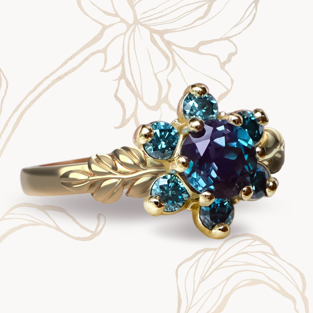 Rare Alexandrite Teal Diamond Flower Cluster Engagement ring in 9ct / 18ct Gold - Bijoux de Chagall