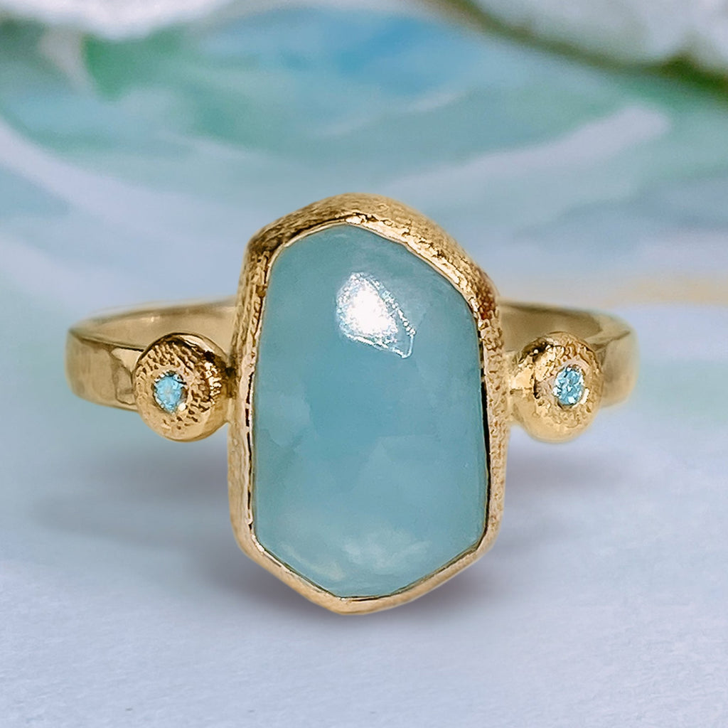 Ocean Natural Freeform Aquamarine Diamond ring in 9ct / 18ct Gold Rings Bijoux de Chagall