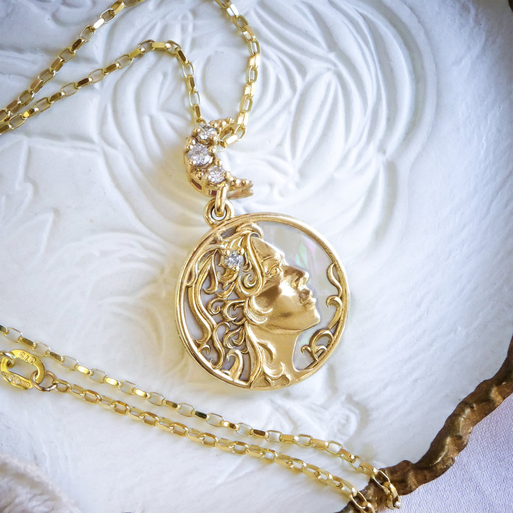 Art Nouveau Cameo Reversible Diamond Moon necklace in 9ct/ 14ct/ 18ct gold - Bijoux de Chagall