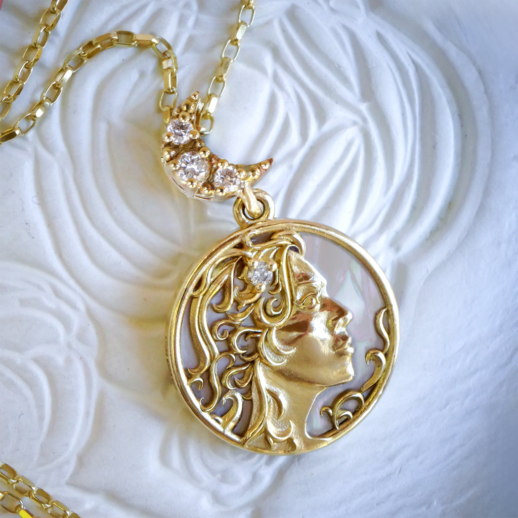 Art Nouveau Cameo Reversible Diamond Moon necklace in 9ct/ 14ct/ 18ct gold - Bijoux de Chagall