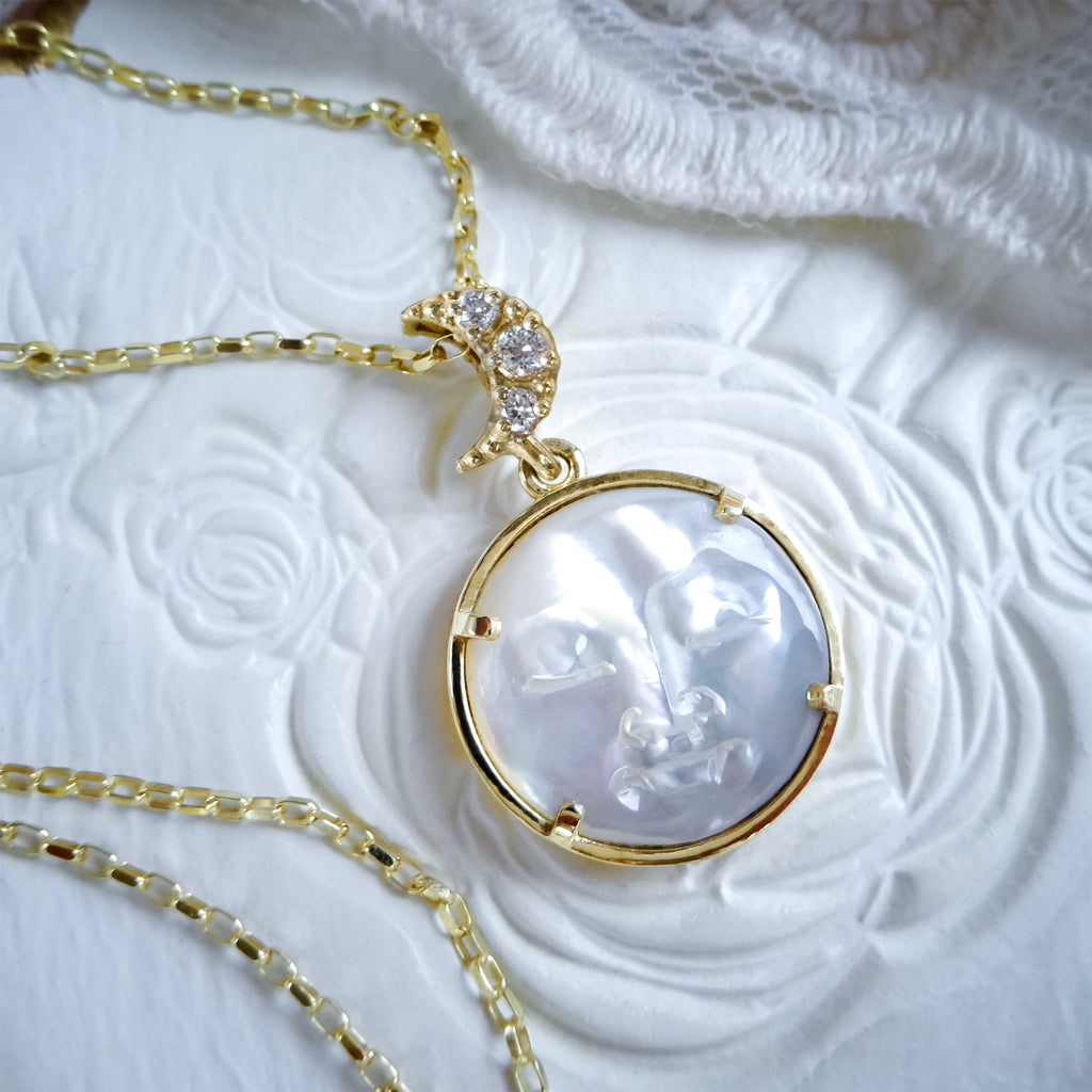 Art Deco Crescent Pearl Diamond Moon necklace in 9ct/ 14ct/ 18ct gold - Bijoux de Chagall