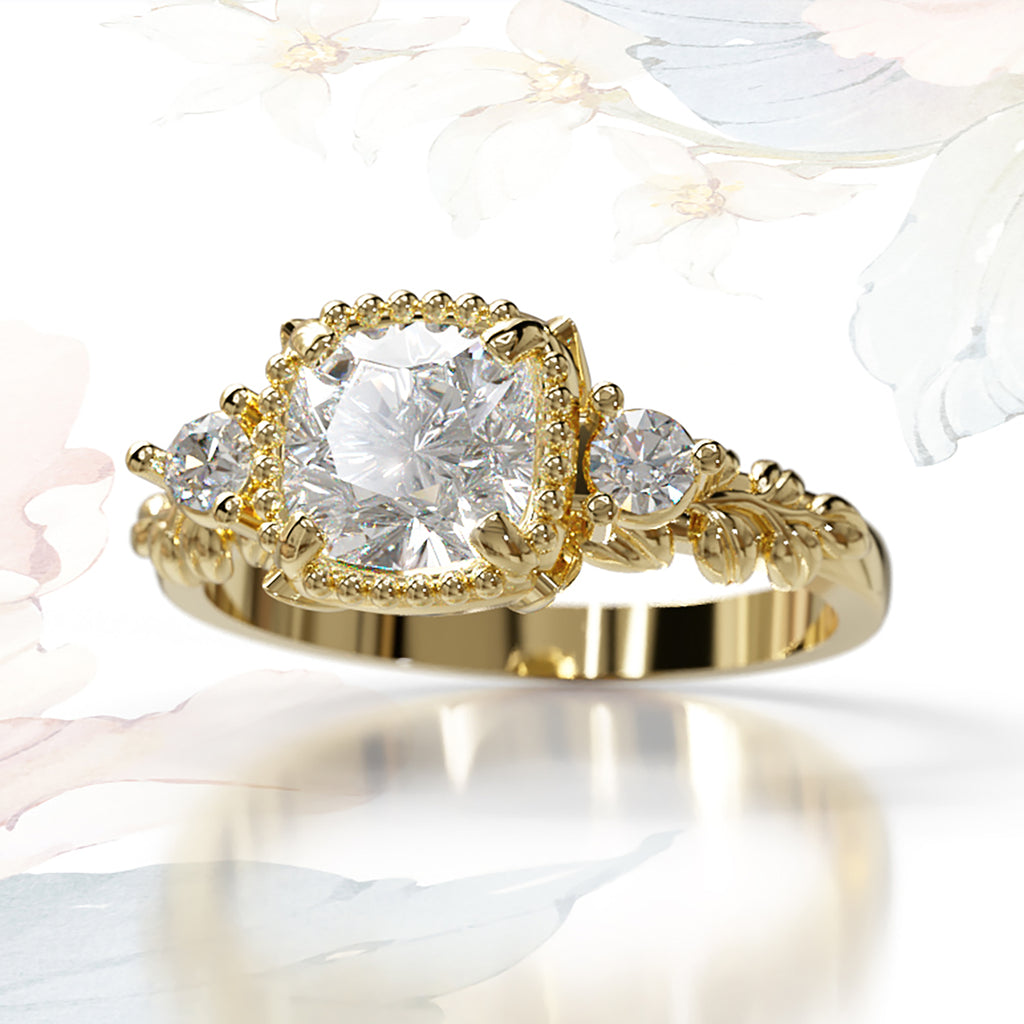 Vintage Style Floral Diamond Engagement ring in 9ct / 14ct/ 18ct solid Gold Rings Bijoux de Chagall