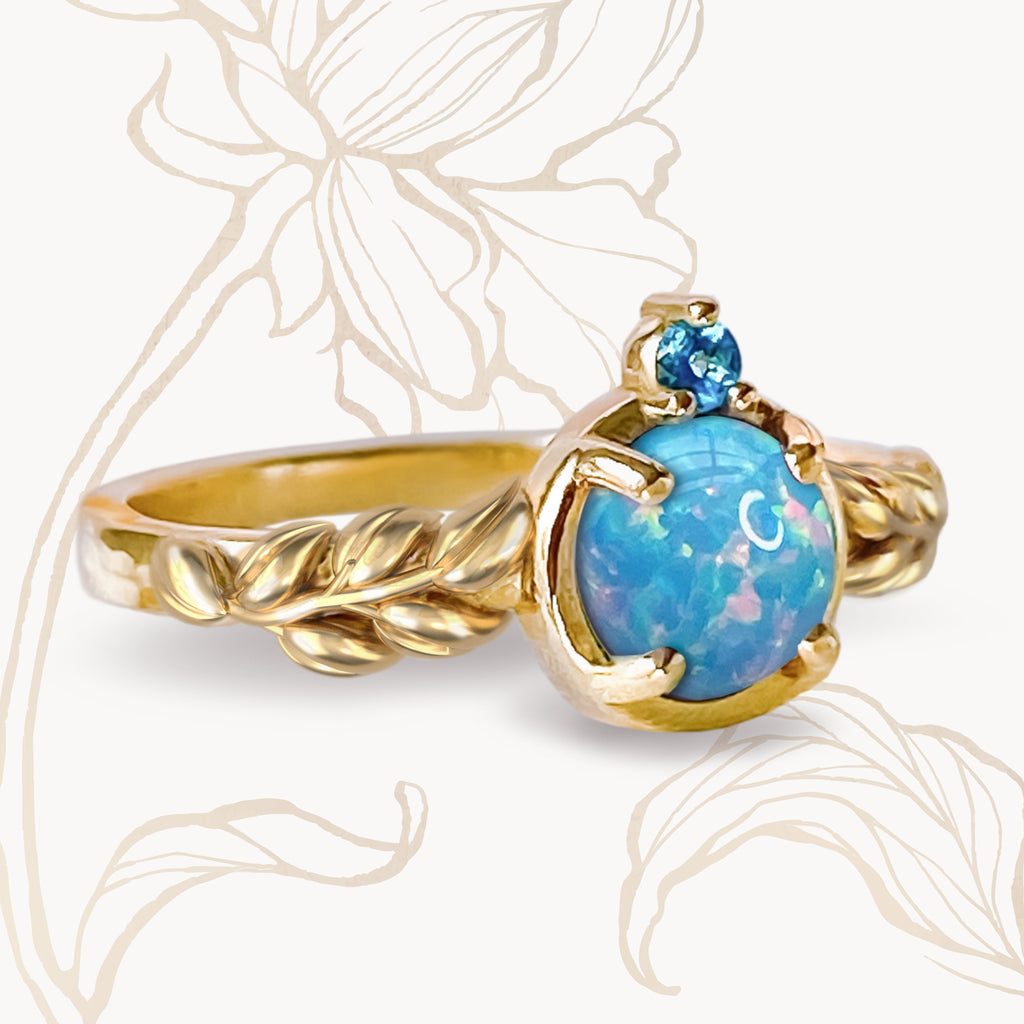 Little Earth Dreamy Blue Opal Diamond Floral Engagement Ring in 9ct / 18ct Gold - Bijoux de Chagall