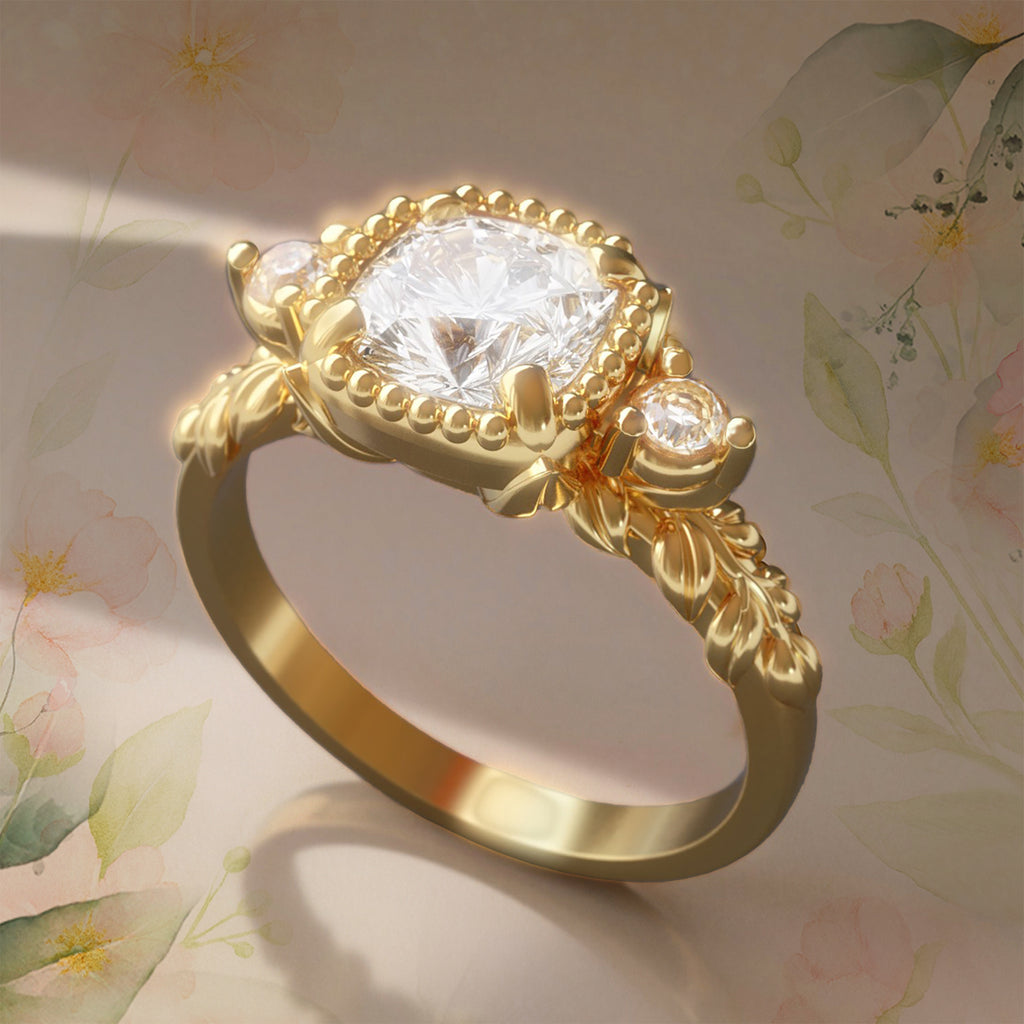 Vintage Style Floral Diamond Engagement ring in 9ct / 14ct/ 18ct solid Gold - Rings - Bijoux de Chagall