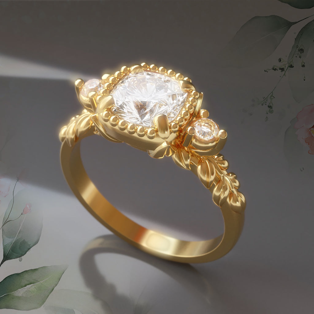 Vintage Style Floral Diamond Engagement ring in 9ct / 14ct/ 18ct solid Gold Rings Bijoux de Chagall