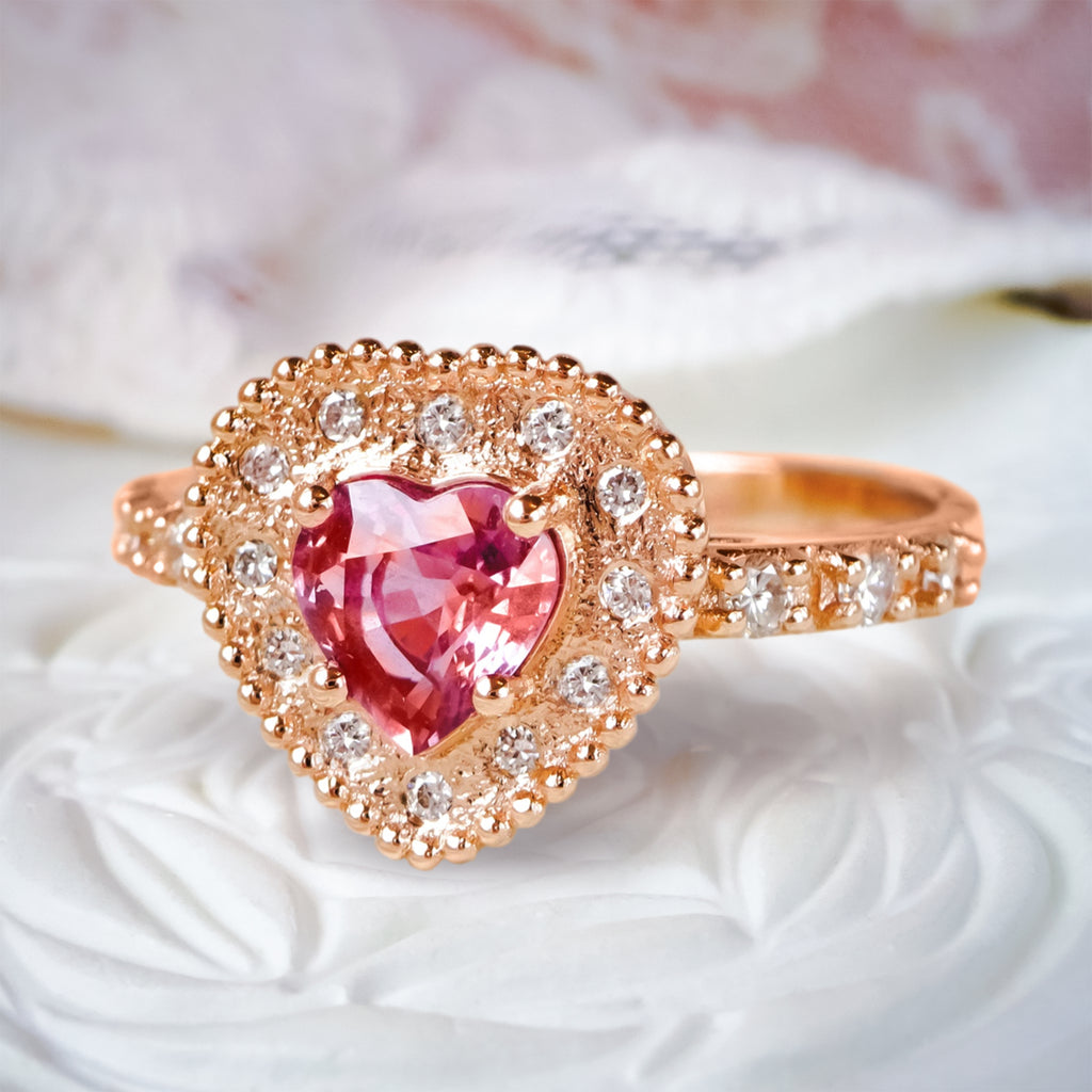 Sweet Heart Diamond Halo Unique Engagement ring in 9ct / 14ct/ 18ct Gold Rings Bijoux de Chagall