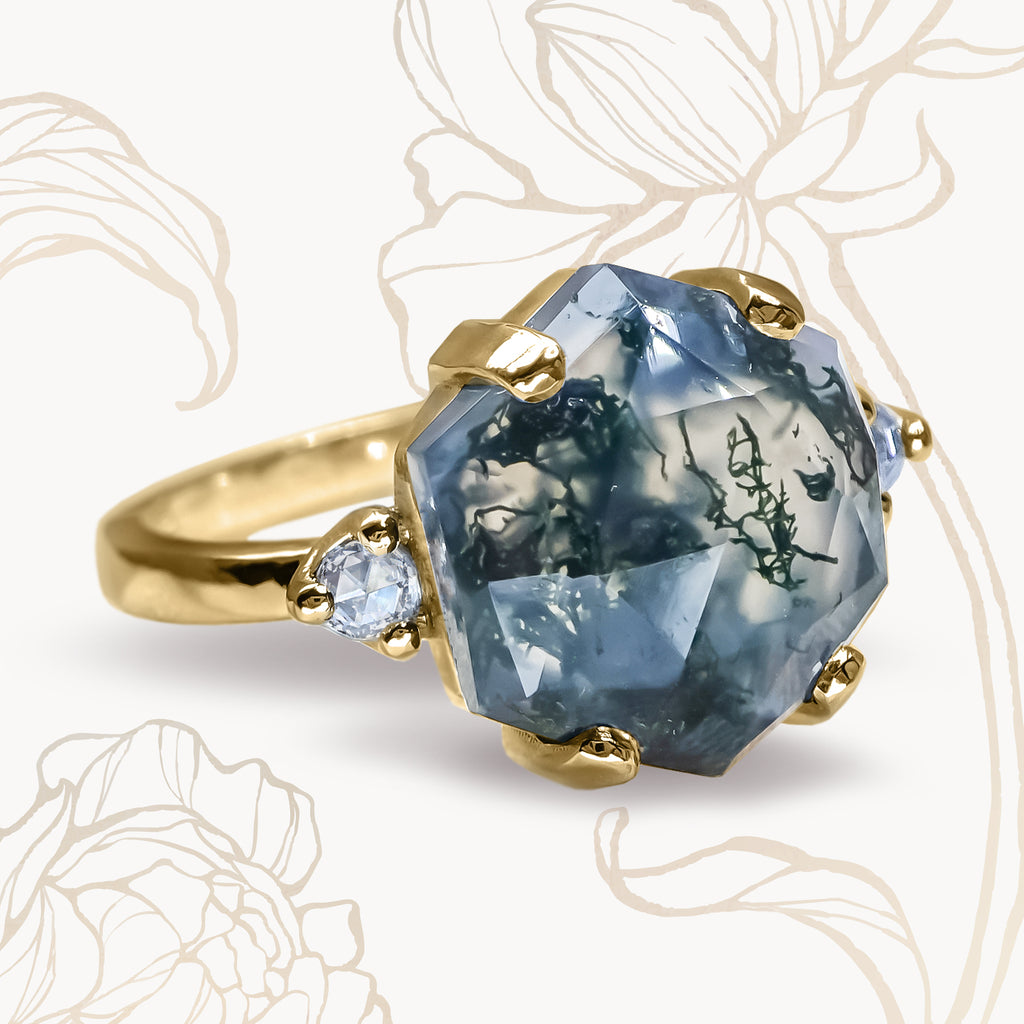 Natural Hexagon Moss Agate Diamond Unique Engagement ring in 9ct / 18ct Gold - Bijoux de Chagall