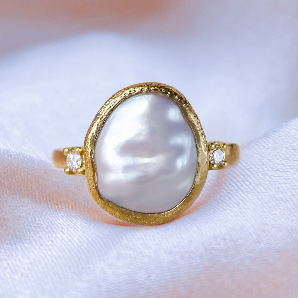 Luminous Keshi Pearl Diamond Engagement ring in 9ct / 18ct Gold - Bijoux de Chagall