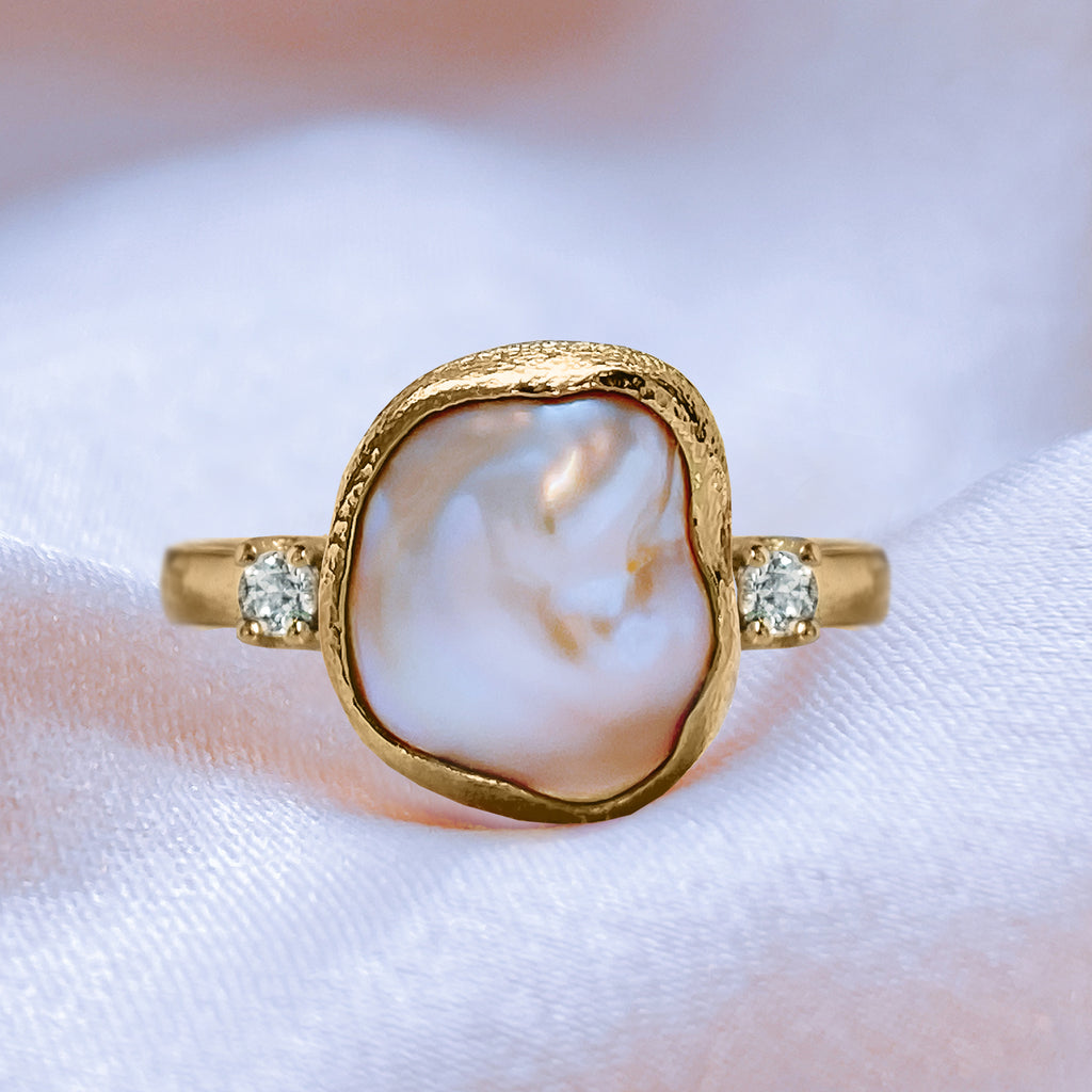 Luminous Keshi Pearl Diamond Engagement ring in 9ct / 18ct Gold - Bijoux de Chagall