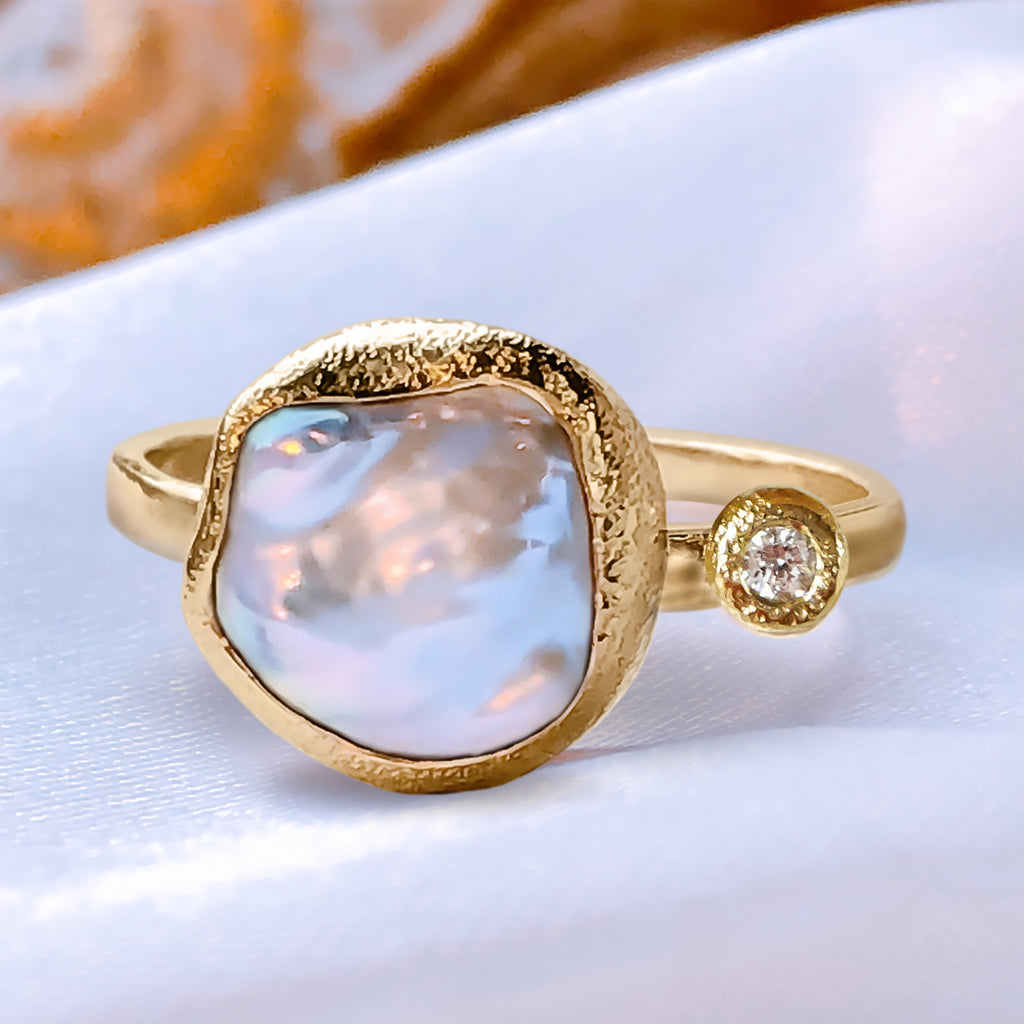 Iridescent & Luminous Keshi Pearl Diamond Engagement ring in 9ct / 18ct Gold Rings Bijoux de Chagall