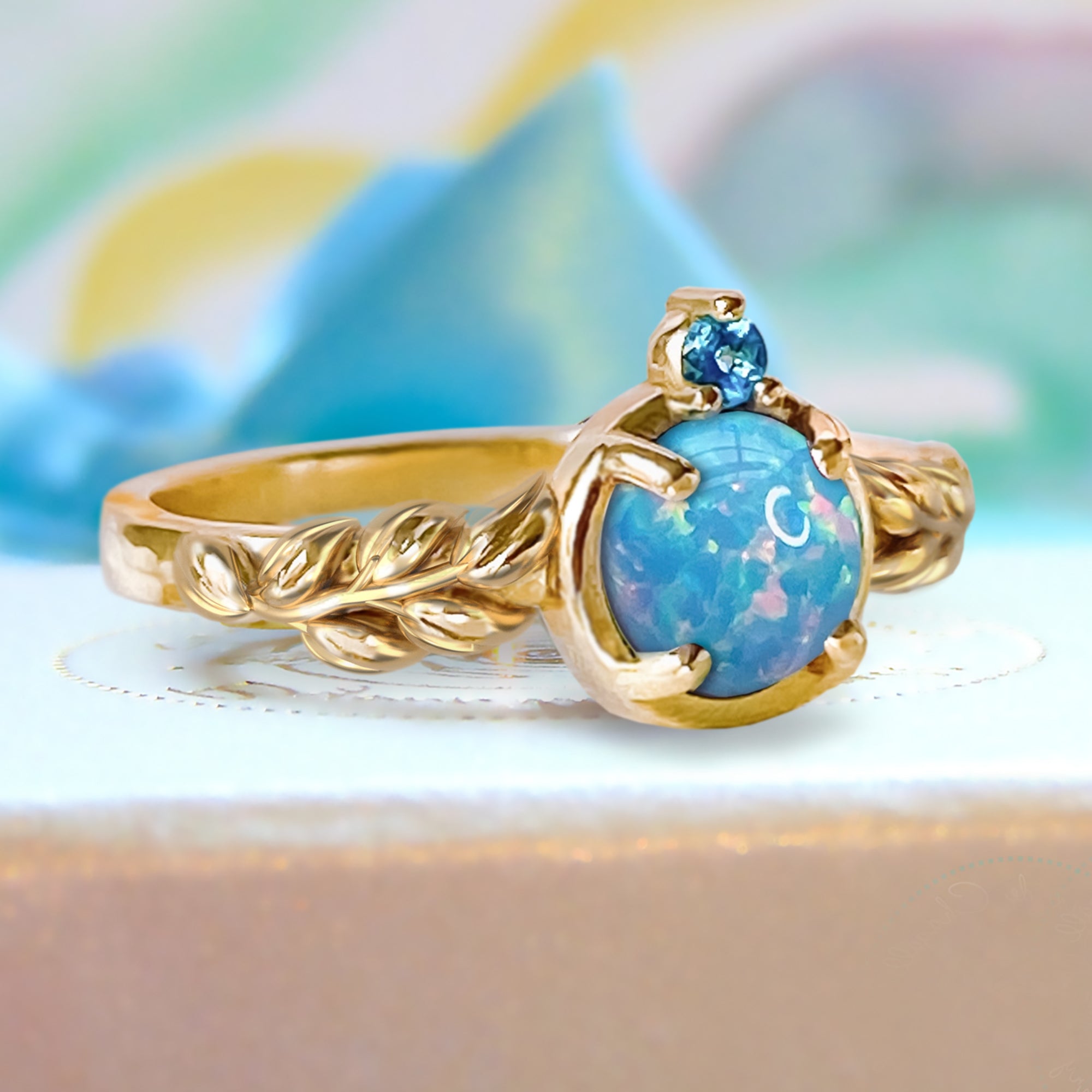 Little Earth Dreamy Blue Opal Diamond Floral Engagement Ring in 9ct 14ct /18ct Gold