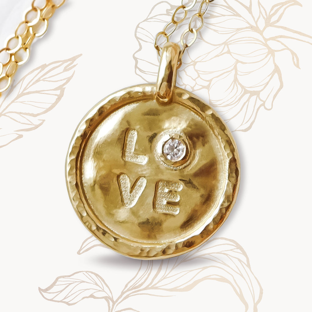 Handcrafted "Love" Diamond solid 9ct Gold Coin Pendant Necklace. - Bijoux de Chagall