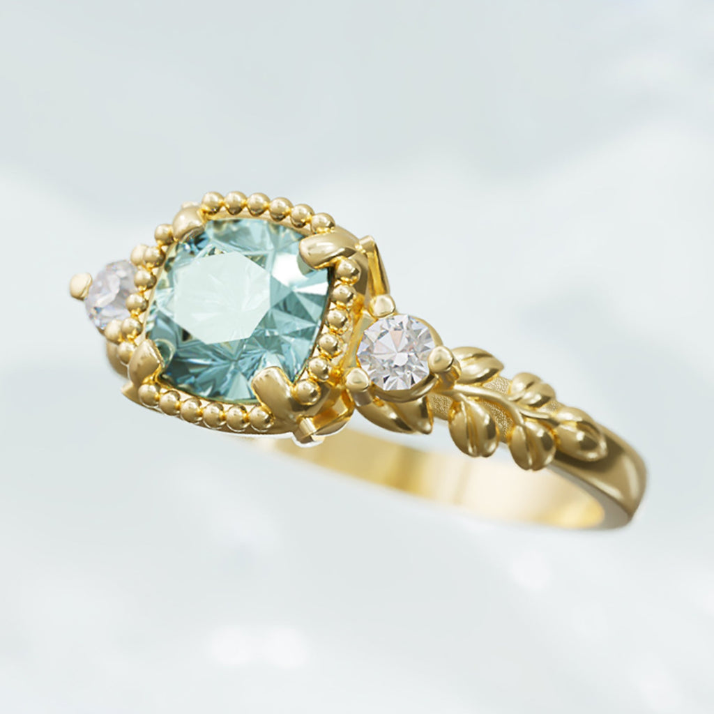 Vintage Style Mint Sapphire Diamond Engagement ring in 9ct / 18ct solid Gold - Bijoux de Chagall