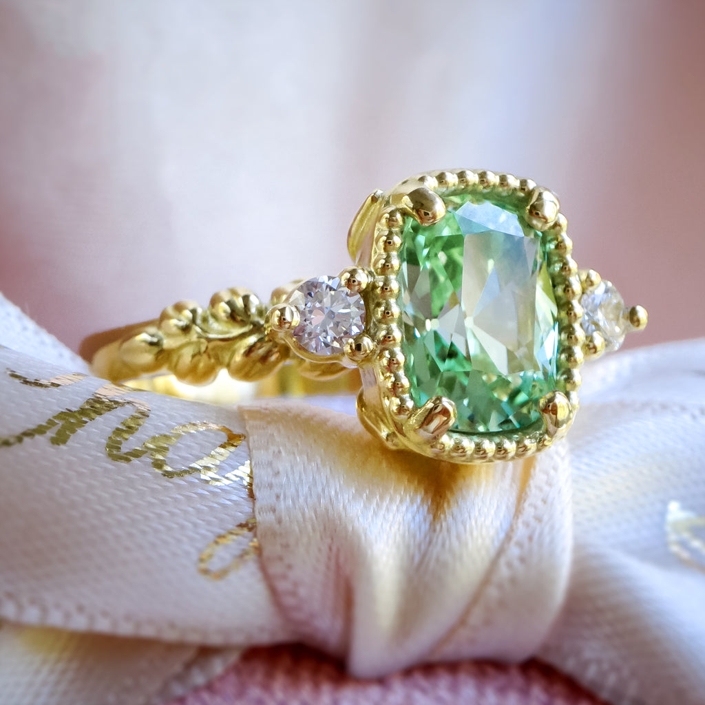 Vintage Style Mint Sapphire Diamond Engagement ring in 9ct / 14ct/ 18ct solid Gold Rings Bijoux de Chagall